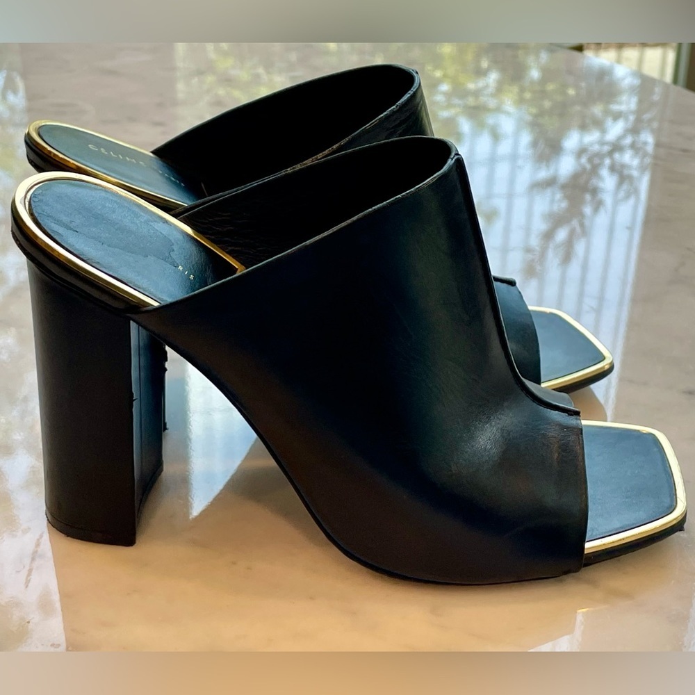 Celine Leather Slides, black w/gold trim, 4” block heel, EUC, 36.5 - Picture 5 of 14